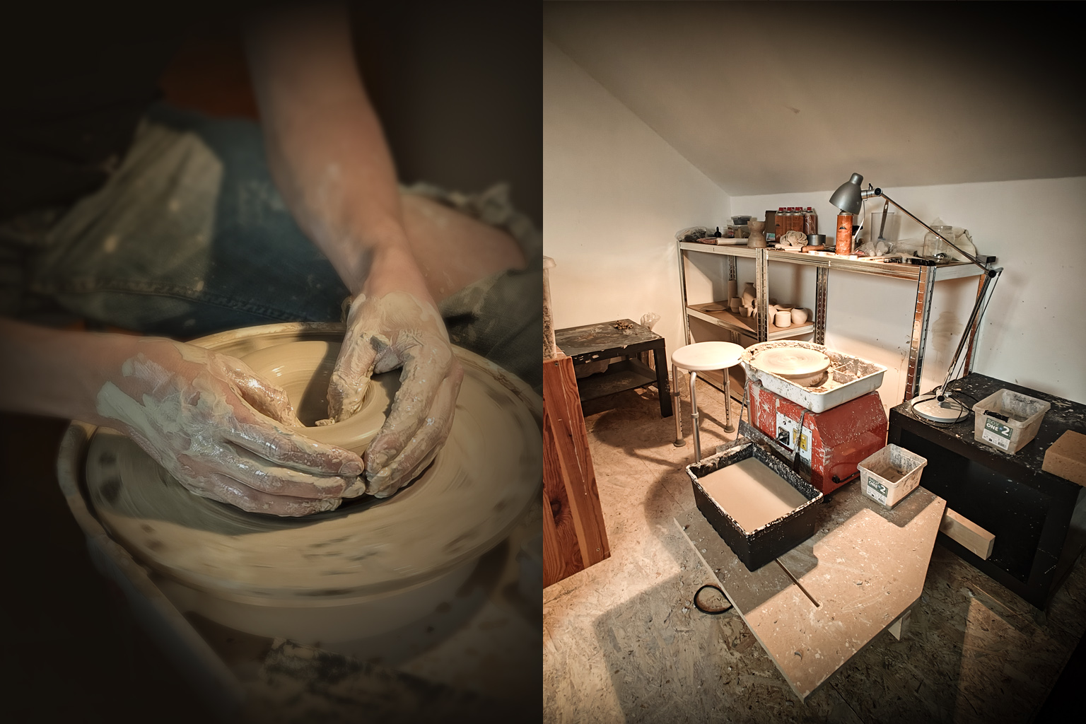 Hands shaping clay and the Atelier Proost pottery workshop